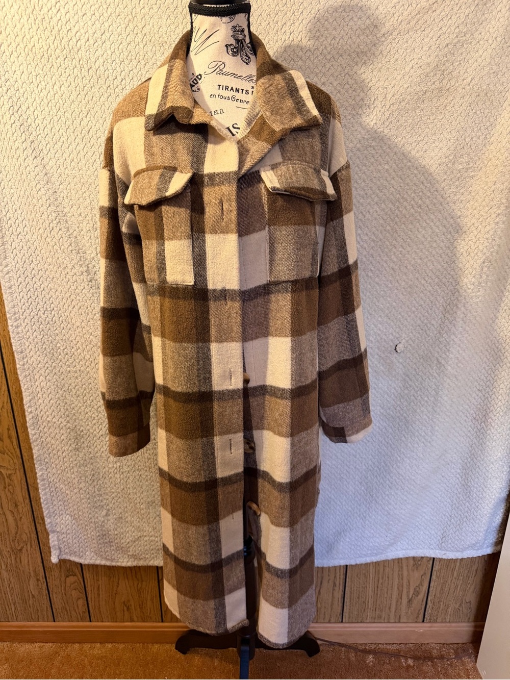 Plaid Longline Shirt Jacket Coat - Brown & Cream